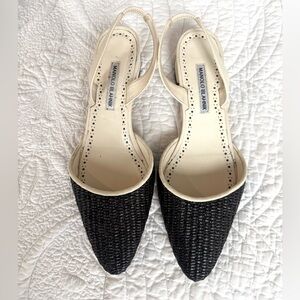 Manolo Blahnik Black Woven Pointed Slingback Flats with Cream Trim